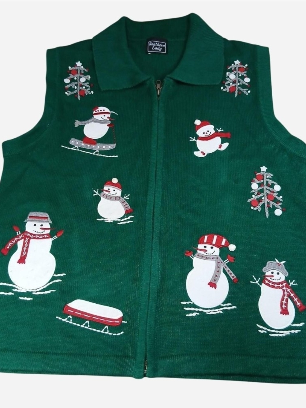 Southern Lady Green Holiday Snowman Zip Vest with Red Accents